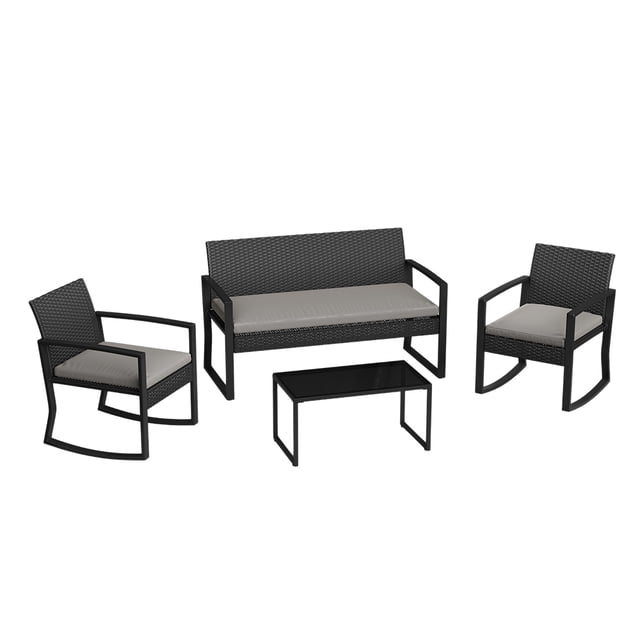 Set de 4 Piezas de Mimbre para Exterior – Sillas Mecedoras – Mesa de Café con Vidrio – Ratán PE – Jardín, Porche y Piscina – Mecedoras