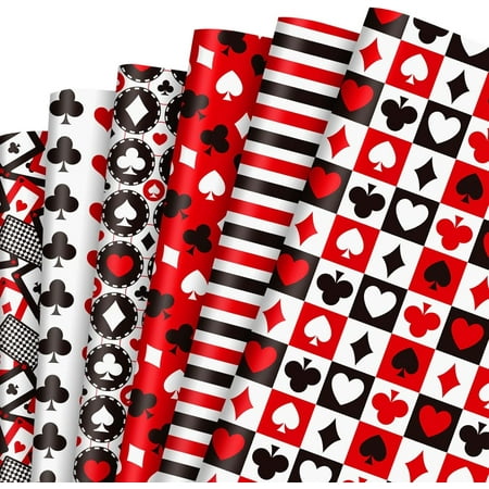 12 Sheets Casino Poker Game Wrapping Paper - Not Roll - Card Playing Gift Wrap Paper Folded Flat Red Black Decorative Paper for Scrapbook DIY Craft Birthday Holiday Party Supply