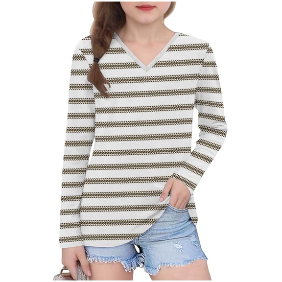 Ugoldhm Girls Tops Striped V Neck Tunic Casual Tees Fall Long Sleeve Trendy Shirts Sizes 3-13