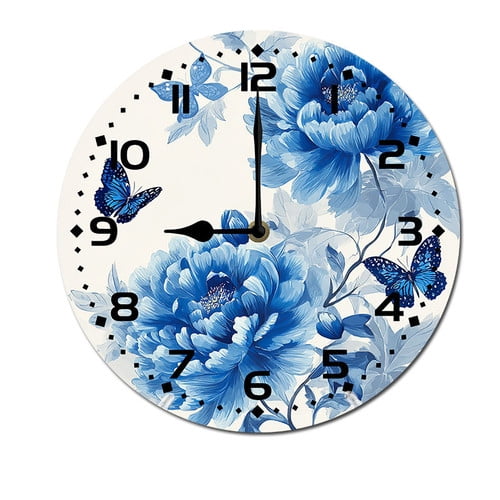 ZXCXRQFa Blue Butterfly Flower Wood Silent Non-Ticking 10 Inch Round Clocks Battery Operated Analog for Living Room Kitchen Bedroom Bathroom Office Home School Decor