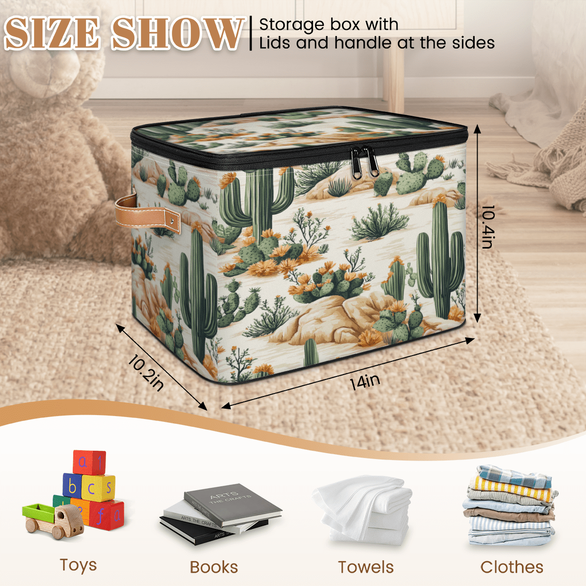 ADECORIVY Cactus Storage Bin with Lid Fabric Tropical Desert Cactus Plant Foldable Storage Baskets Boxes for Clothes Shelves Closet Organizer Containers with Leather Handles for Wardrobe