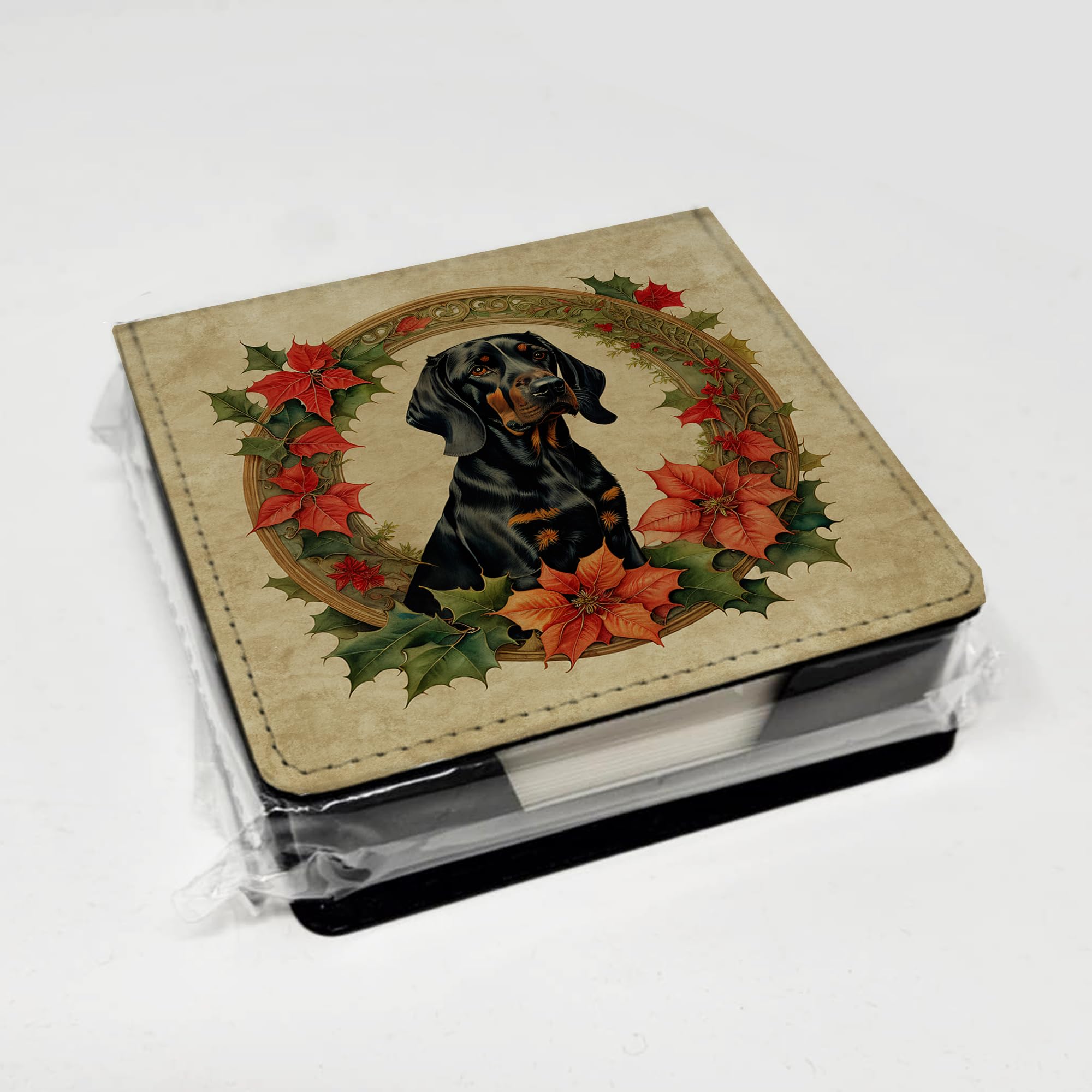 Caroline's Treasures Black and Tan Coonhound Christmas Flowers PU Leather Note Paper Holder with Artist-Designed Cover, Desk Accessory, Office Gift