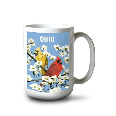 

Lantern Press 15 fl oz Ceramic Mug Ohio Cardinal and Hawthorn Pattern Dishwasher & Microwave Safe
