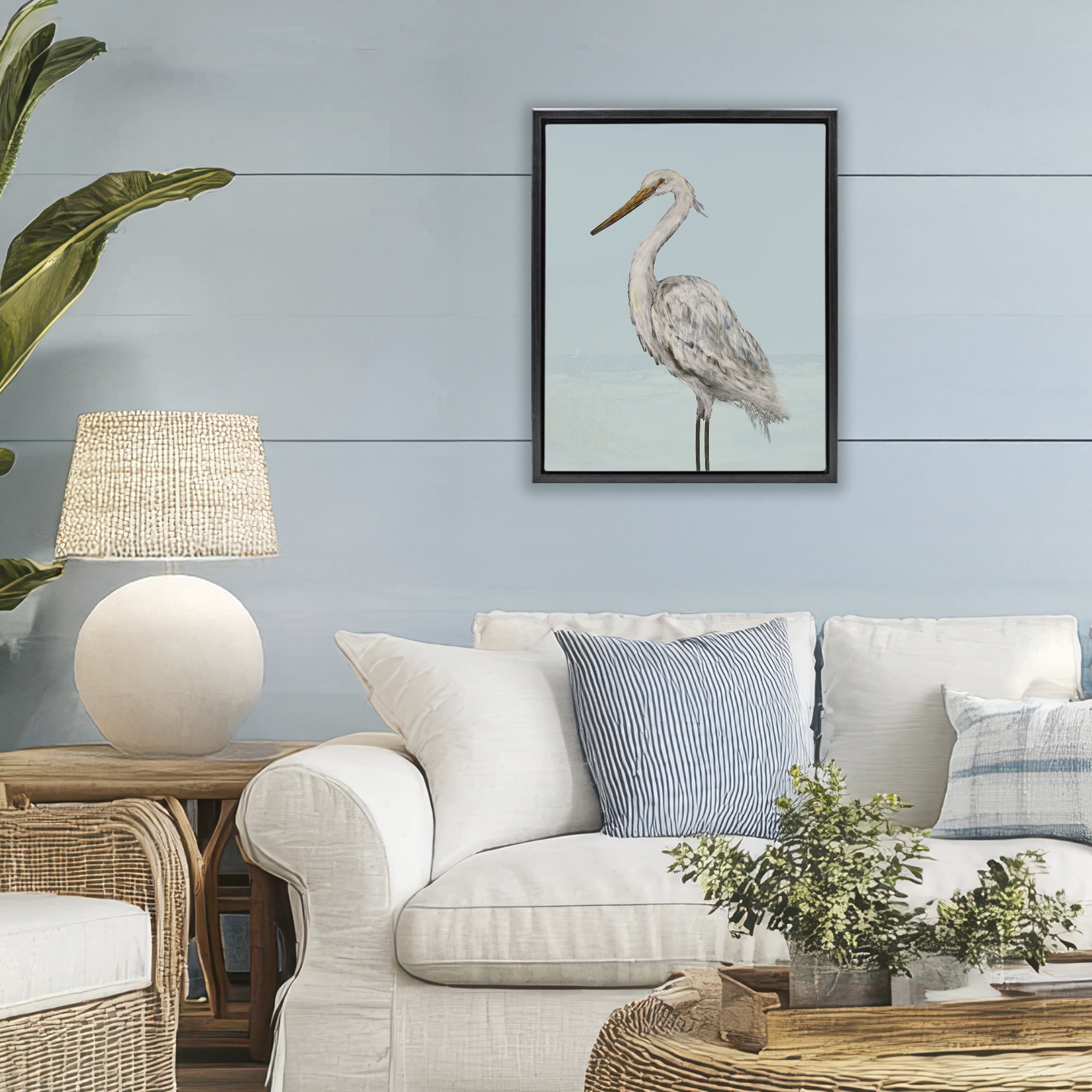 Stupell Industries Coastal Heron Muted Blue Black Framed Floater Canvas Wall Art, design by Julie DeRice