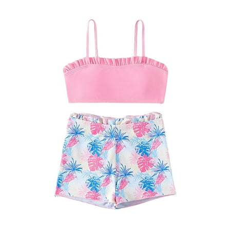 WOYY Big Girls Swimsuit Tropical Print Bikini Top and Boyshorts Swimwear Bathing Suit