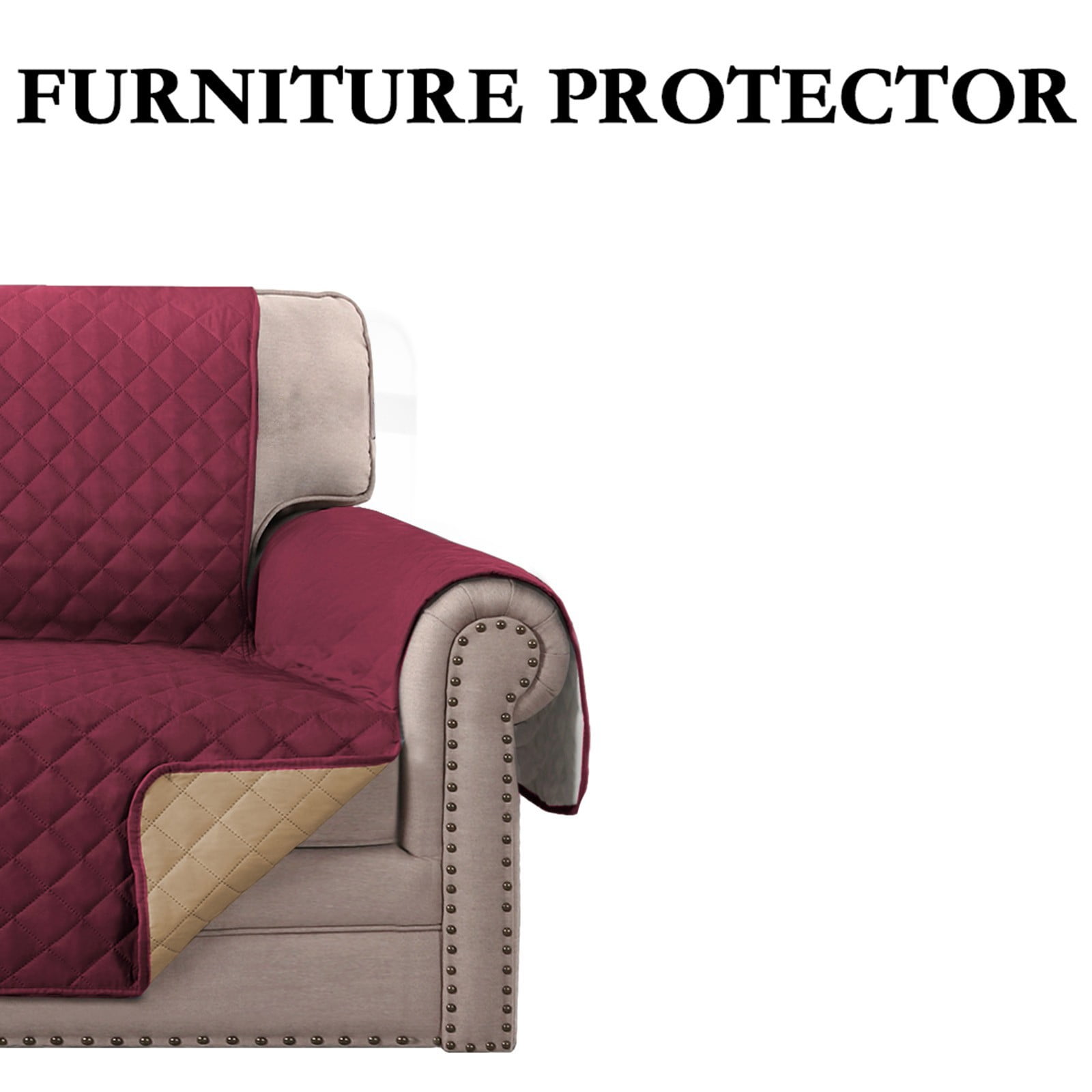 Quilted 3 Seater Sofa Cover Slipcover, Furniture Protector for Couch, Polyester Home Decor (Burgundy)