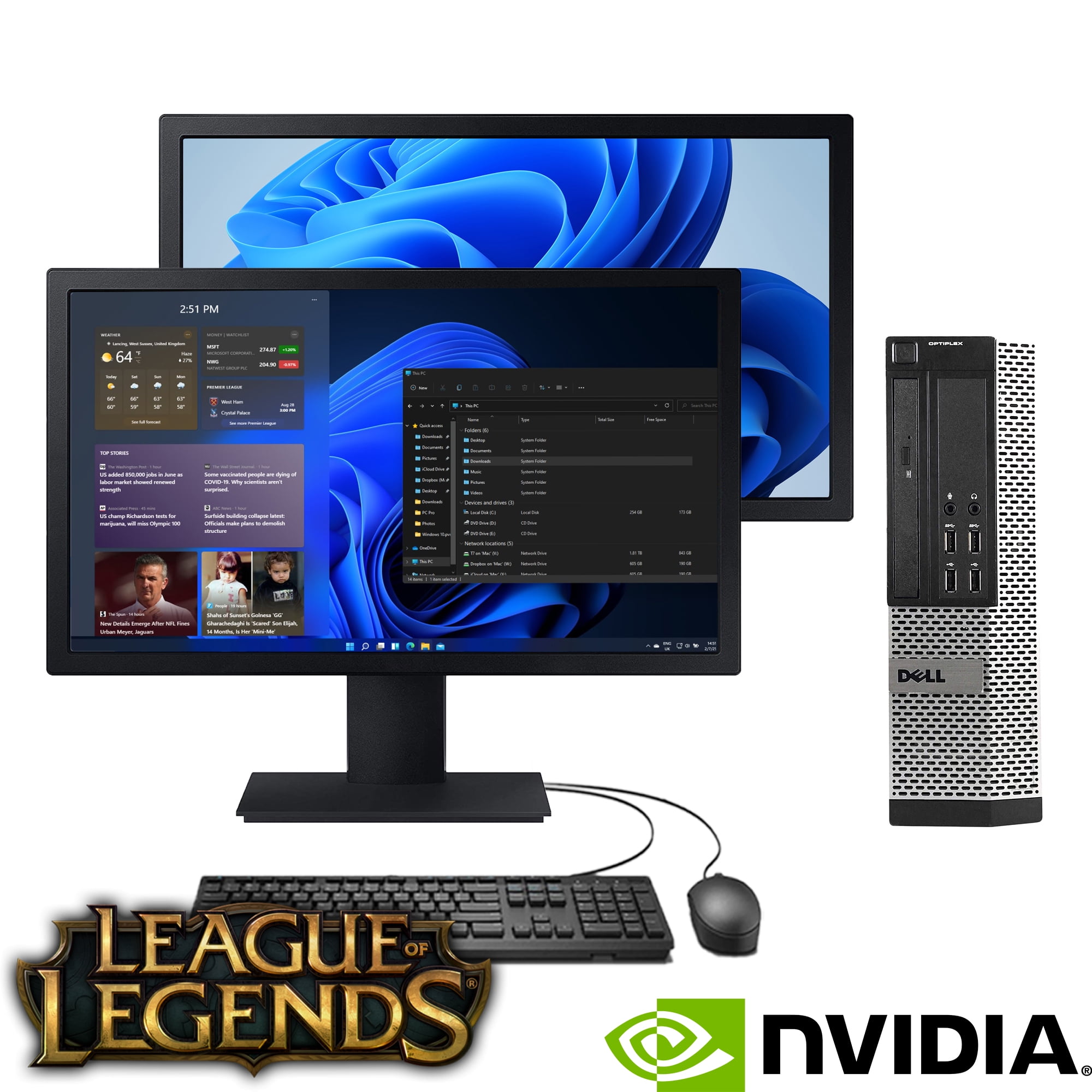 Dell OptiPlex Gaming Computer PC, Intel i5 Core Gen 2, with NVIDIA GTX Graphics, 19" Dual, 8GB DDR3 RAM, 128GB SSD + 1TB HDD, WiFi, Windows 11 (Used) (League of Legends