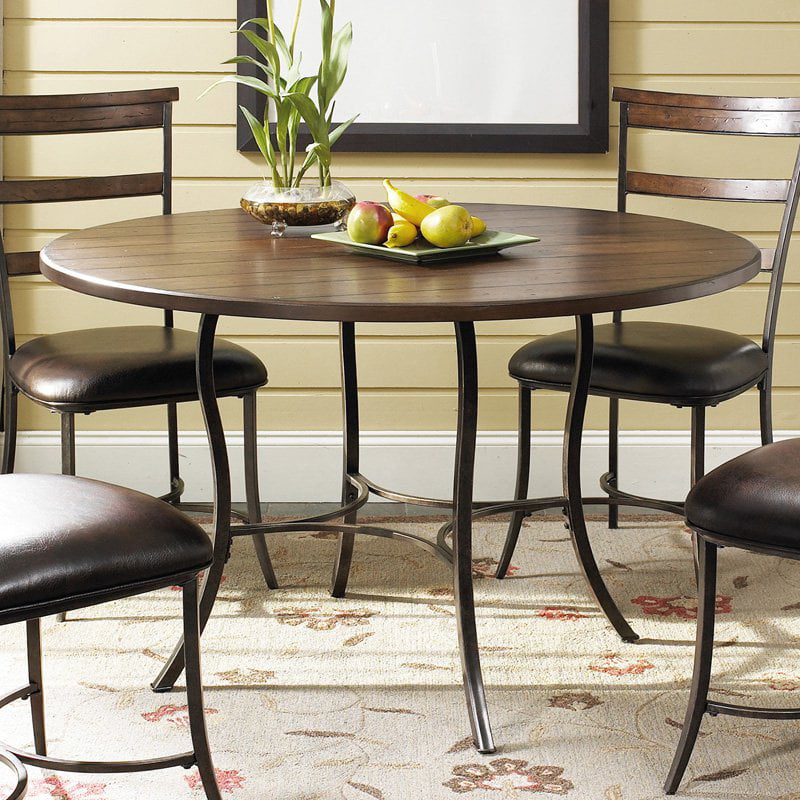 Round Wood And Metal Dining Table Set, Round Wrought Iron Dining Table And Chairs
