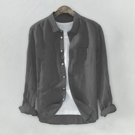 jjayotai Mens Long Sleeve Lapel Tops Clearance Men's Cotton Linen Shirts Casual Baggy Button Down Long Sleeve Shirt Solid Turndown Collar Summer Shirts with Pocket