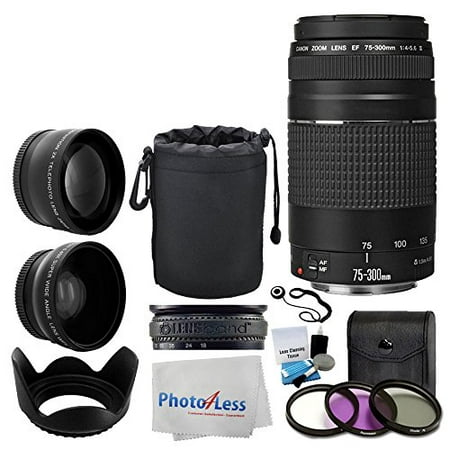 Canon EF 75-300mm f/4-5.6 III Lens + Wide Angle Lens & 2x Telephoto Lens + 3 Piece Filter Kit + Lens Pouch + Tulip Lens Hood + Lens Band + Cleaning Kit + 5 Piece Cleaning Cloth + Lens Accessory