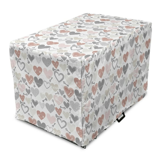 Valentine's Day Dog Crate Cover, Funny Hearts with Several Ornaments and Vintage Key, Easy to Use Pet Kennel Cover Small Dogs Puppies Kittens, 7 Sizes, Multicolor, by Ambesonne