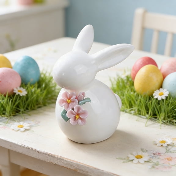 Easter Decorations Ceramic Bunny Figurine, Handcrafted White Rabbit Home Decor, Samll Tabletop Ornament for Tea Room, Shelf, Mantel Decoration(E)