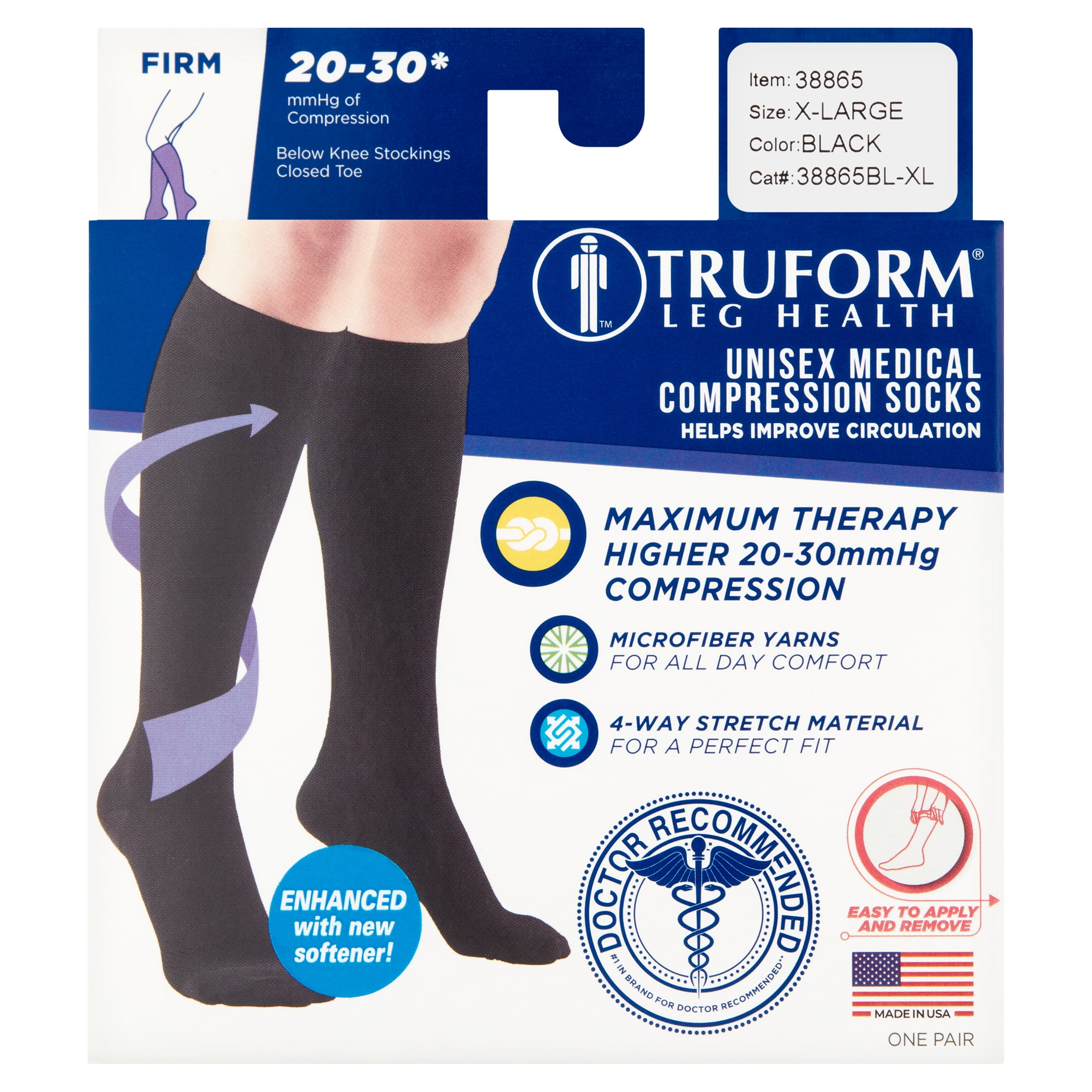 (2 pack) Truform Microfiber Medical Compression Socks 20-30 mmhg Knee High Closed Toe Black X-Large
