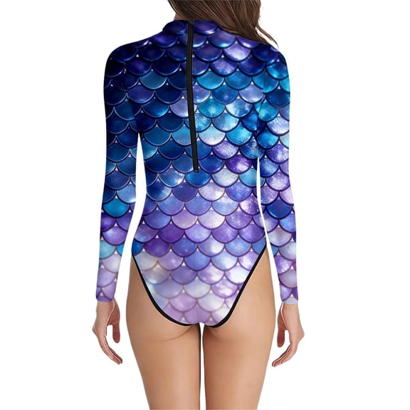 Womens Swimsuits Scale Print Long Sleeve Bathing Suit High Neck Rash Guard Sun Protection Performance Swimwear for Beach and Surfing