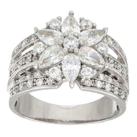 Floral Cluster Diamond Engagement Ring, Pave Set Solitaire With Accent Diamond Ring, 2.7 Ct Simulated Diamond, 925 Sterling Silver, Triple Row Shank Ring, Gifts For Her