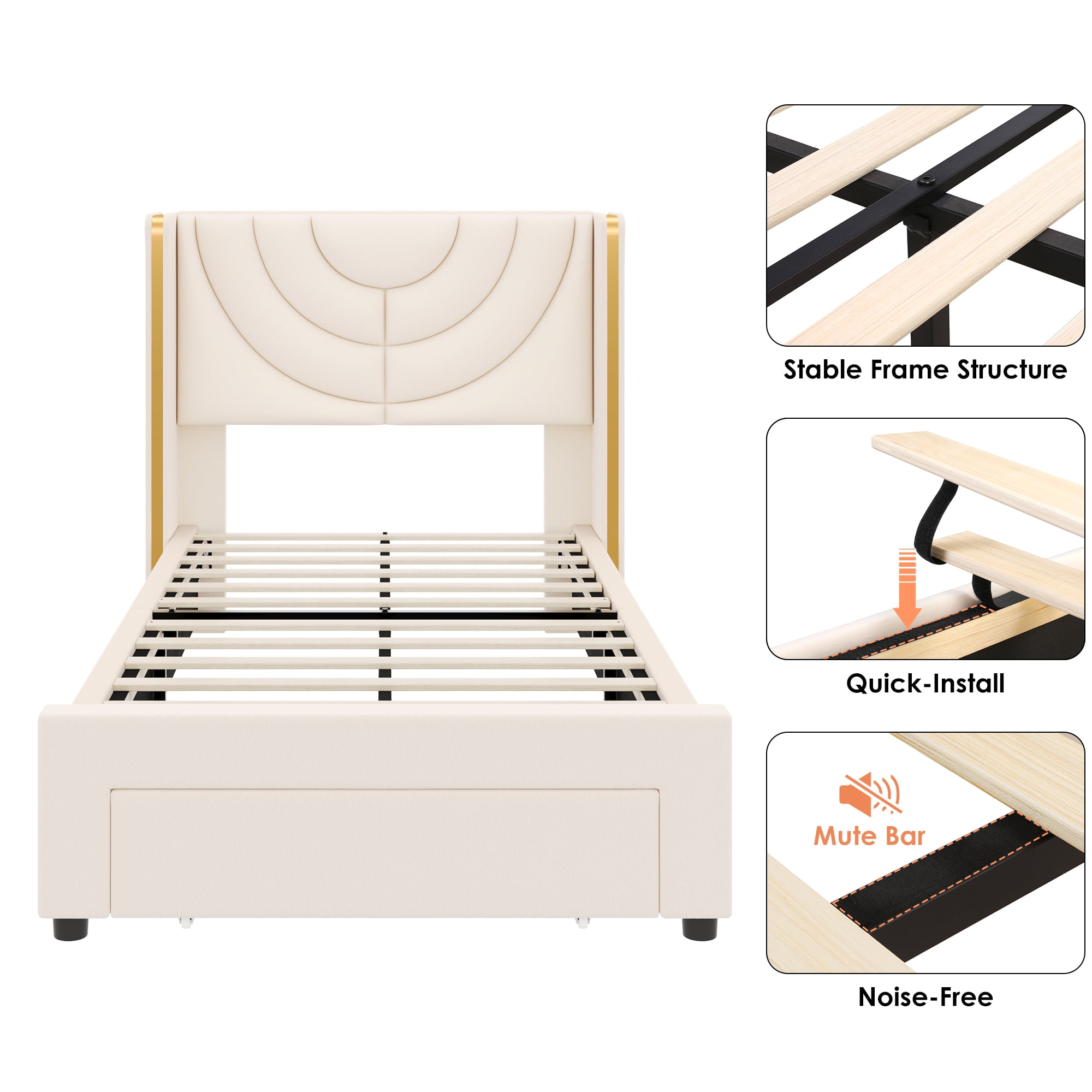 Homfa Twin Size LED Bed Frame with Storage, Wingback Platform Bed with Velvet Upholstered Headboard, Off-White