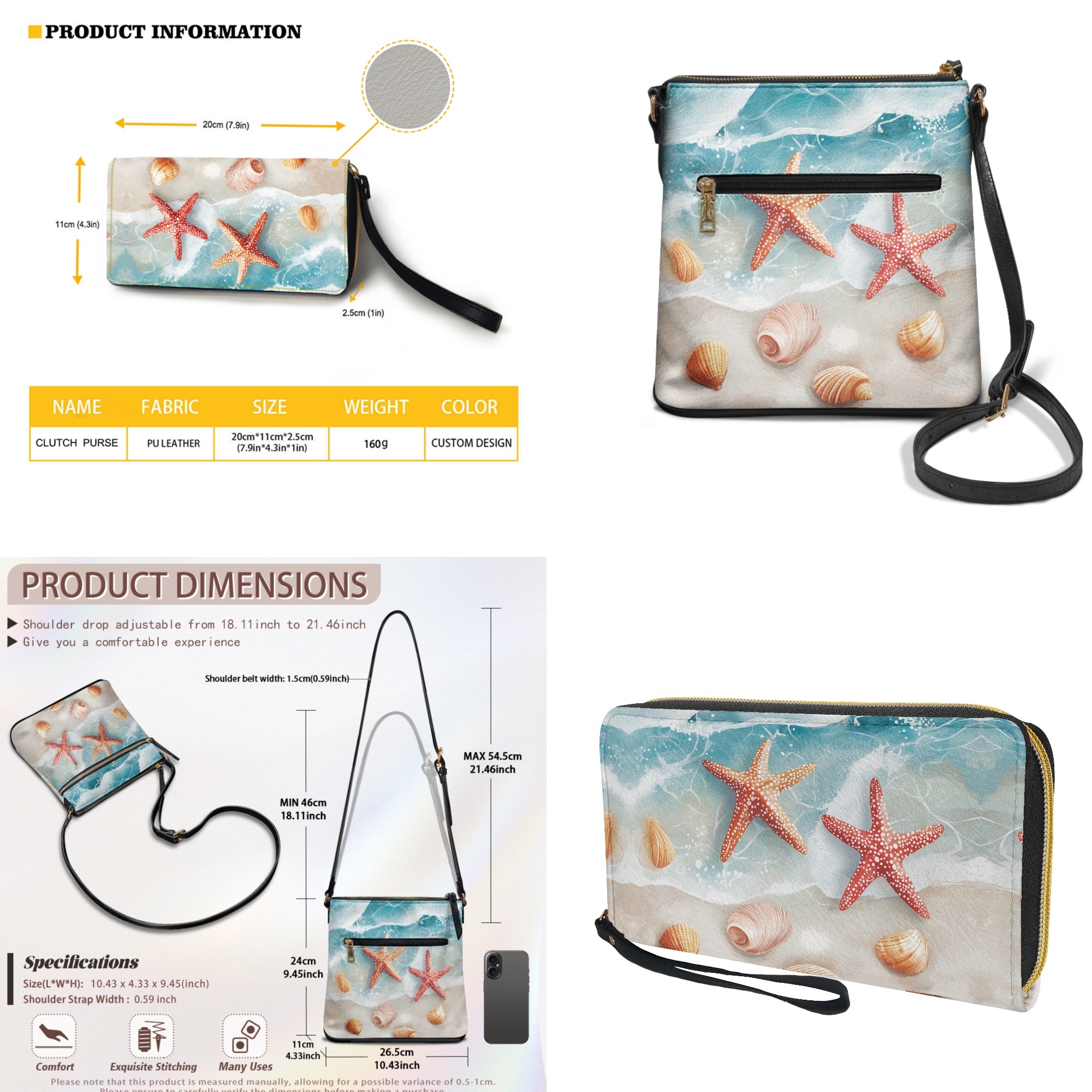 ZUXONGSY Starfish Conch Beach Print Leather Crossbody Purse & Wallet Set for Women, Large Satchel Hobo Bag with Adjustable Strap for Travel, Work & Parties