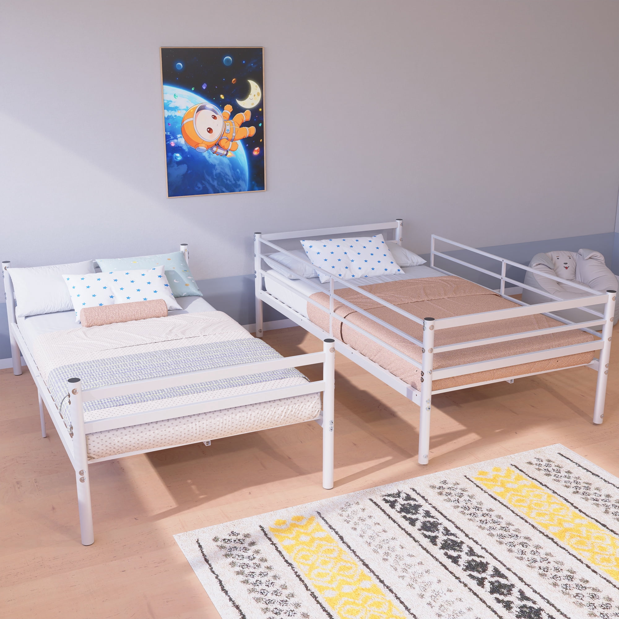 Leumius Bunk Bed Twin Over Twin for Boys Girls,Metal Twin Size Bed Frame with 13.7 Inch High Safety Guardrail & Sturdy Ladder,Converts to 2 Beds,White