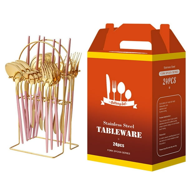 Juego de cubiertos de acero inoxidable Cateissary 24 Uds. Cuchara Cuchillo Tenedor Rosa y Oro