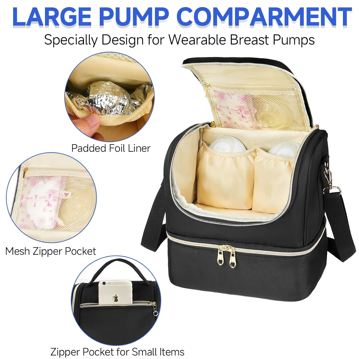 Wearable Breast Pump Bag with Cooler Compartment Fits for Willow/Eufy/Elvie/Momcozy M5/S12 Pro/Medela, Breast Milk Travel Tote Bag with Ice Pack & Waterproof Mat,Black