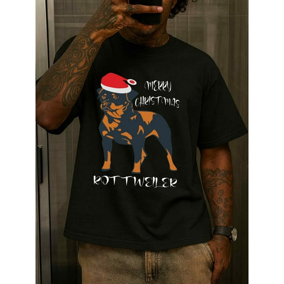 Rottweiler Christmas Christmas t-shirts t-shirt men's 180G 100% Cotton black Hip-hop street style Comfortable loose and fashionable T-shirt, spring and summer men's clothing Christmas elegant Christ