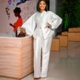 thumbnail image 3 of AURA Plus Size 2 Piece Pants Set Puff Sleeve Long Sleeve Top Wide Leg Trousers Elegant Summer Commuter Outfit, 3 of 4
