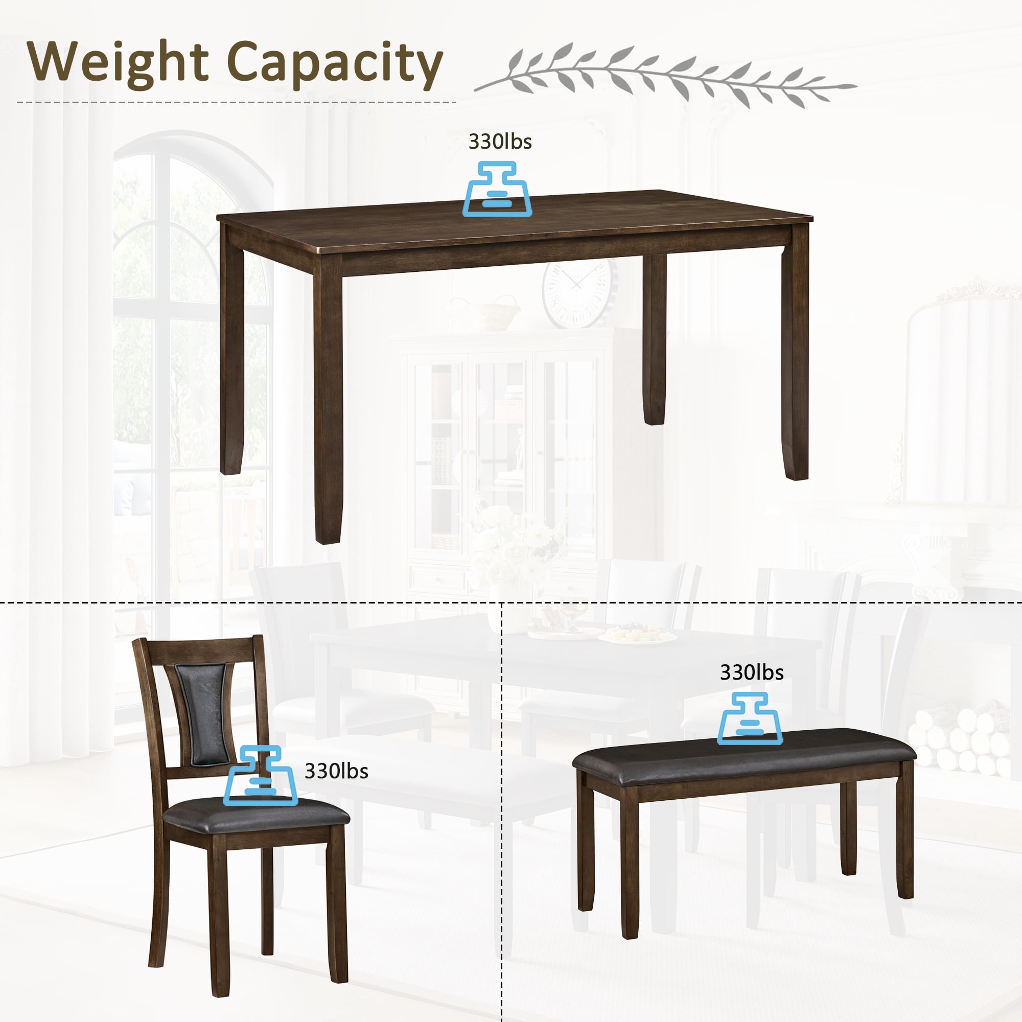BSHTI 58.5" Walnut Wood Modern 6-Piece Dining Table Set with Fabric Upholstered Chairs, Bench, Comfortable Seating for Dining Room(Walnut)