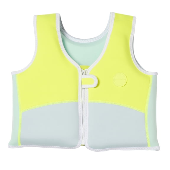 Sunnylife: Kids Swim Vest 3-6 - Salty the Shark - Aqua Neon Yellow - 66lb Cap, Pool & Water Floating Jacket, Zip Front, Safety Strap, Natural Rubber