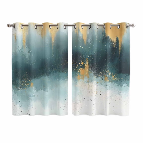 Modern Teal Gold Kitchen Curtains 72 Inch Length, Abstract Geometric Lines Grommet Top Bedroom Living Room Curtains, Light Filtering Cafe Curtain Drapes 2 Panels Set 104''x72''