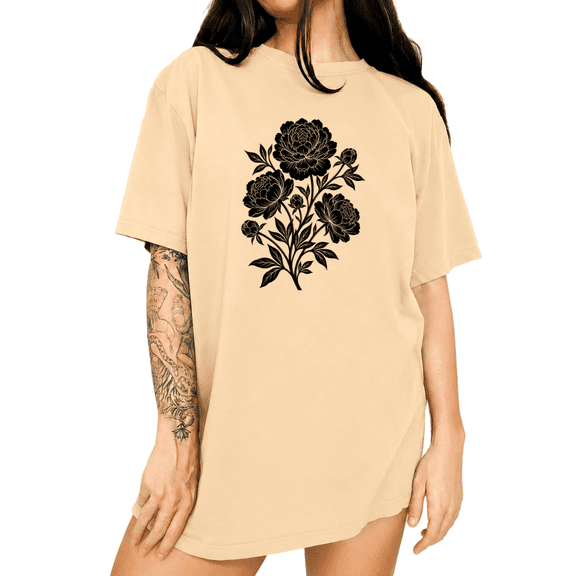 UNISHE Artistic Botanical Peony Illustration Tee - Stunning Flower Line Drawing Top for Women