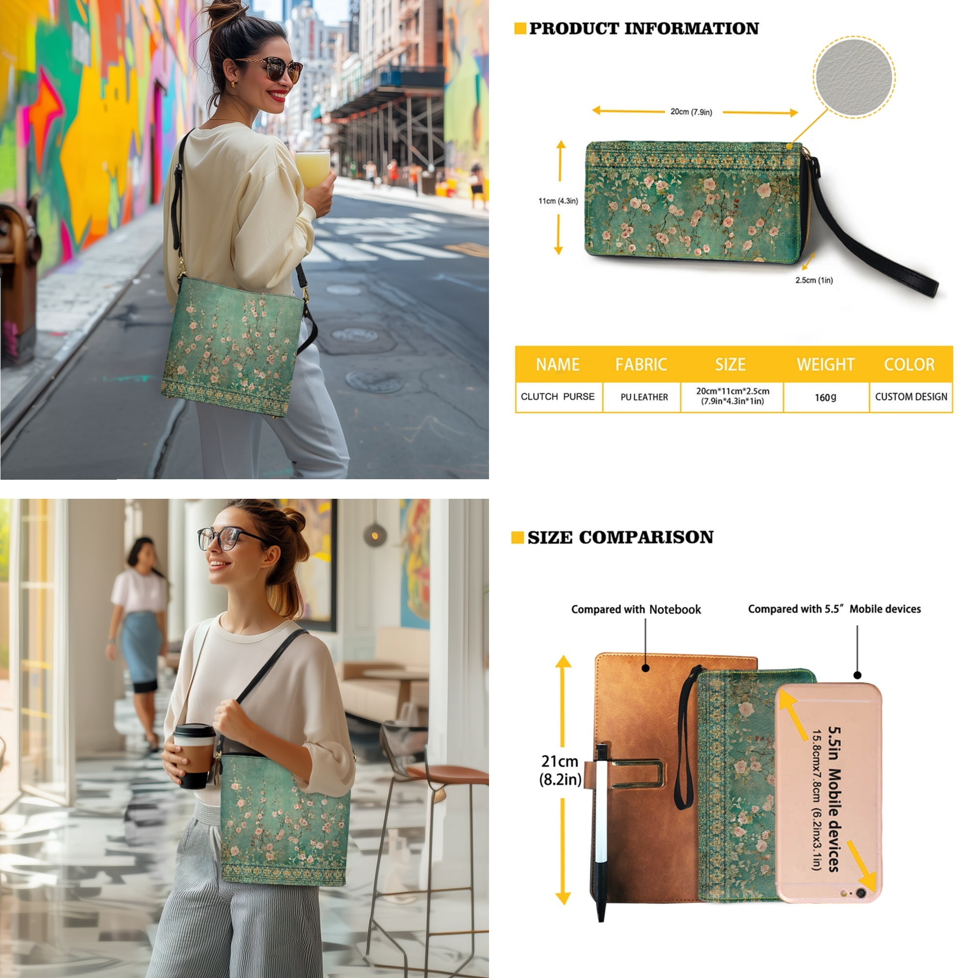 ZUXONGSY Baroque Flower Rose Print Multifunctional Leather Crossbody Handbag with Wrist Wallet for Women, Multipurpose Bucket Bag Purse and Wallet Set for Daily Use Travel