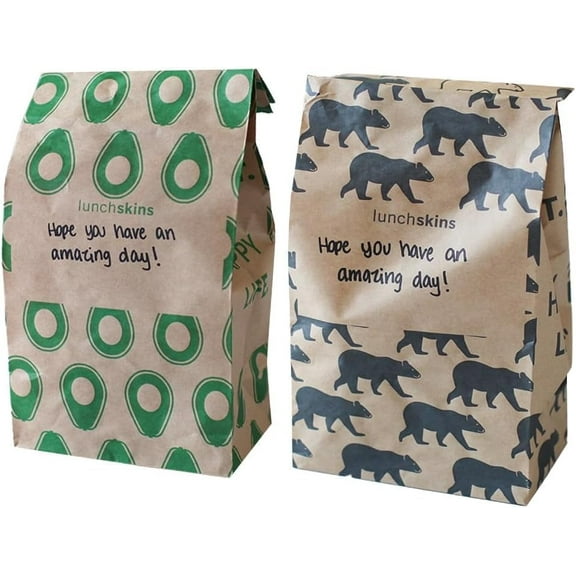 Lunchkins Recyclable Paper Lunch Bags, 5 1/8 x 10 1/2 Inches, Brown Paper Sacs With Note Area, Kraft Paper Bags 50 Avocado Print Bags and 50 Bear Print Variety Pack, 100 Bags