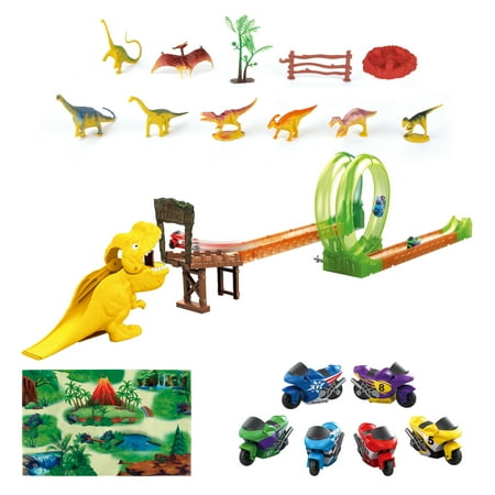 Dinosaur Toys for Kids 3-5 Race Track with Pull Back Speed Motorcycles Jurassic World Dinosaur Park T-Rex, Velociraptor Birthday Present for Boys Girls