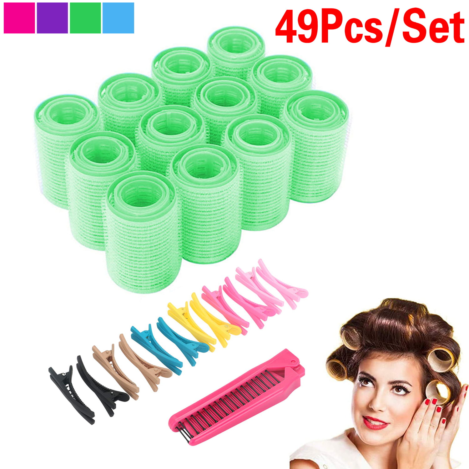 Hair Rollers, 49Packs Large Hair Rollers for Long Medium Hair, 3 Size Self  Grip Hair Rollers with Clips & Comb Women Curls at Home - Purple -  
