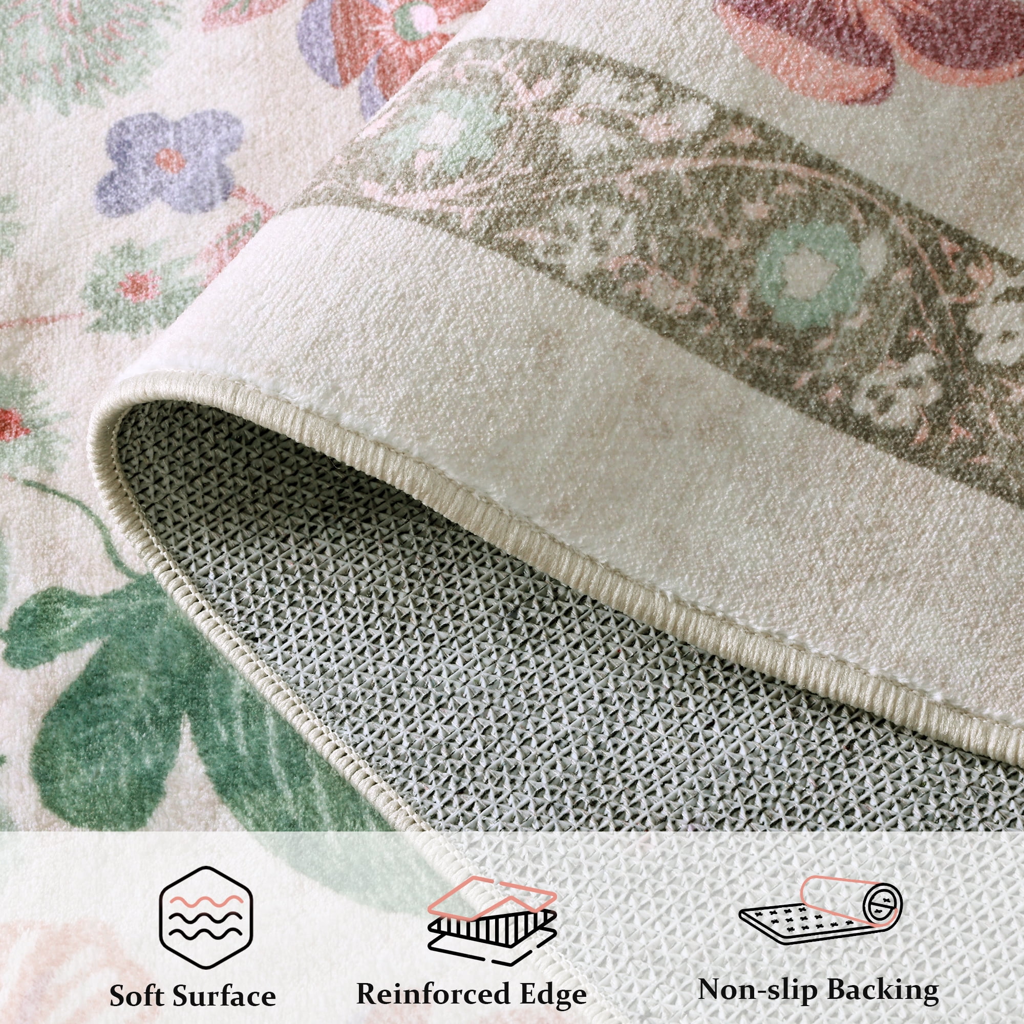 ATHOPE 5x7 Area Rugs for Living Room Bedroom, Floral Washable Soft Low Pile Rug with Non-Slip Backing, Large Vintage Distress Print Pattern Carpet, Beige Pink Floral