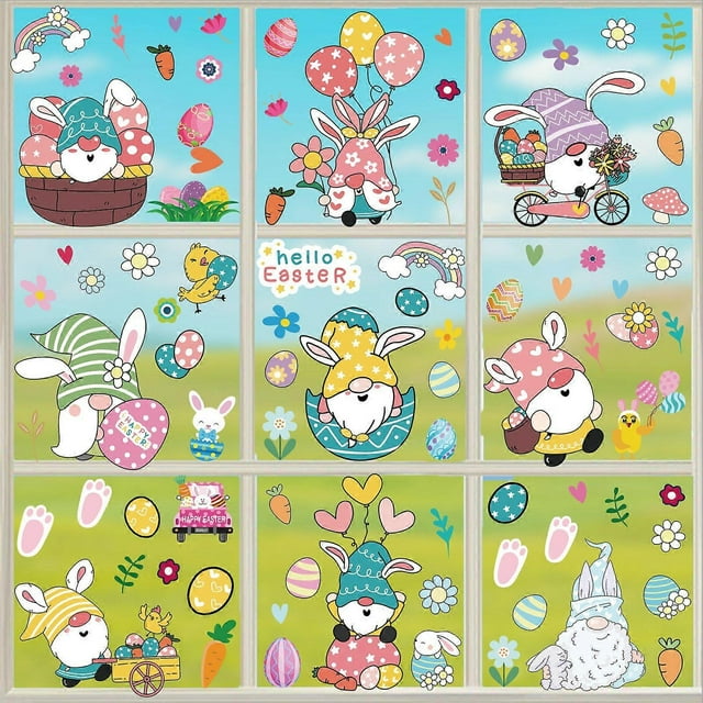 88 pcs Easter window stickers, cute bunny egg gnome dwarf electrostatic window stickers window glass door stickers,9 Sheets Window Party Supplies