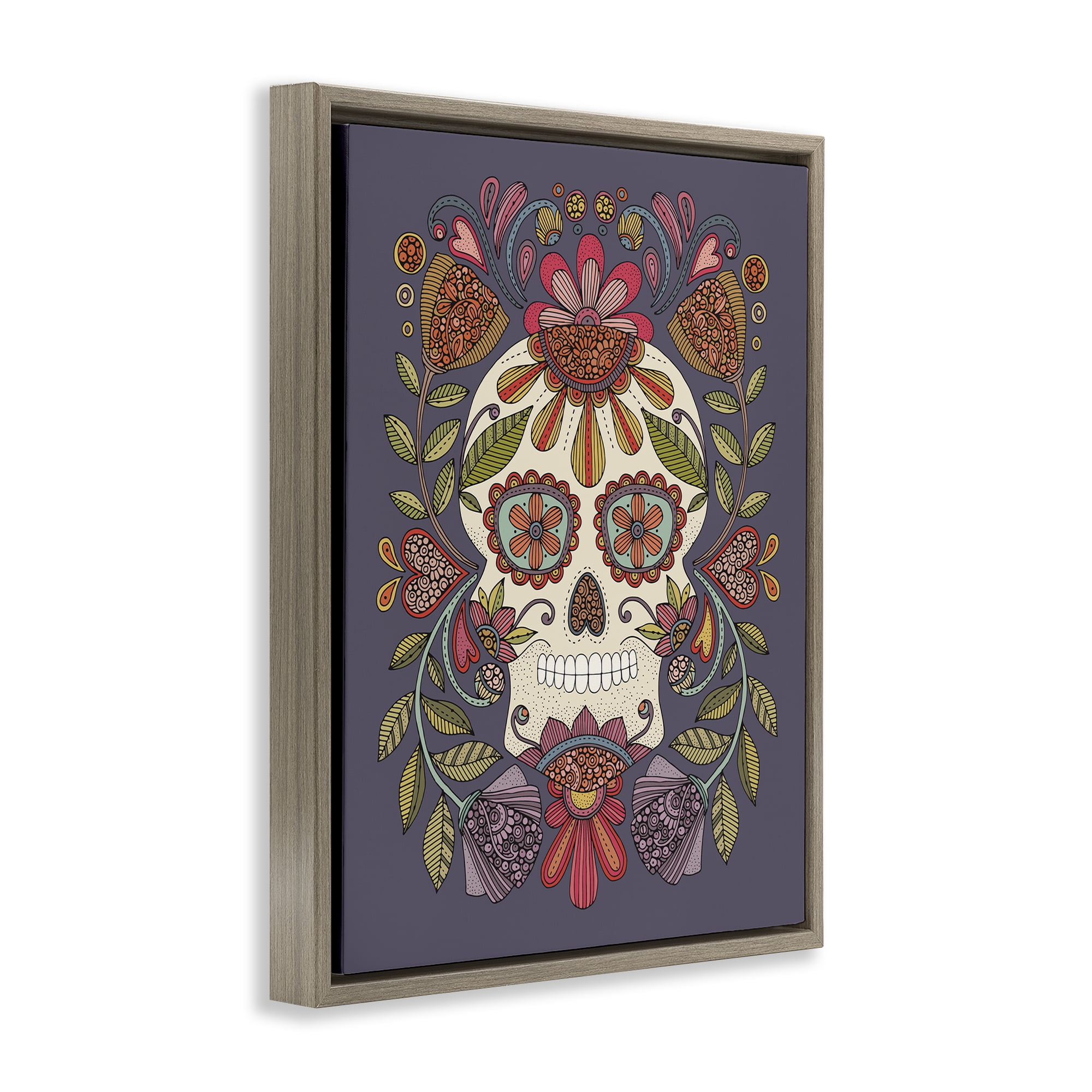 Stupell Industries Patterned Sugar Skull Holiday Painting Brown Floater Framed Art Print Wall Art, 17 x 21