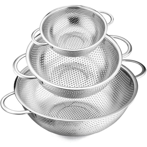 3-Piece Stainless Steel Colander Set (1, 3, 5 Quart) – Micro-Perforated Strainer with Handles for Draining Pasta, Rinsing Vegetables & Fruits, Heavy Duty & Dishwasher Safe Kitchen Colanders