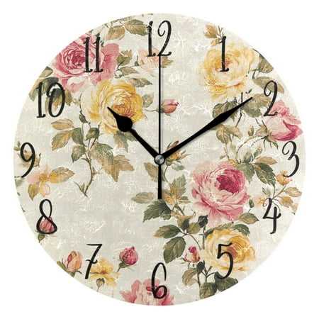 WOBOGO Vintage Shabby Chic Floral Pattern with Roses Wall Clock 10in Silent Mechanism Battery Operated Retro Style for Living Room Bedroom and Kitchen Black Pointer