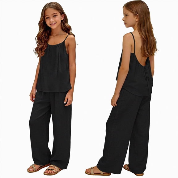 Kogui Tween Outfit Girls 2 Piece Outfits Short Sleeve T Shirts Wide Leg Pants Matching Lounge Set with Pockets Size 11-12 (Black,11-12 Years)