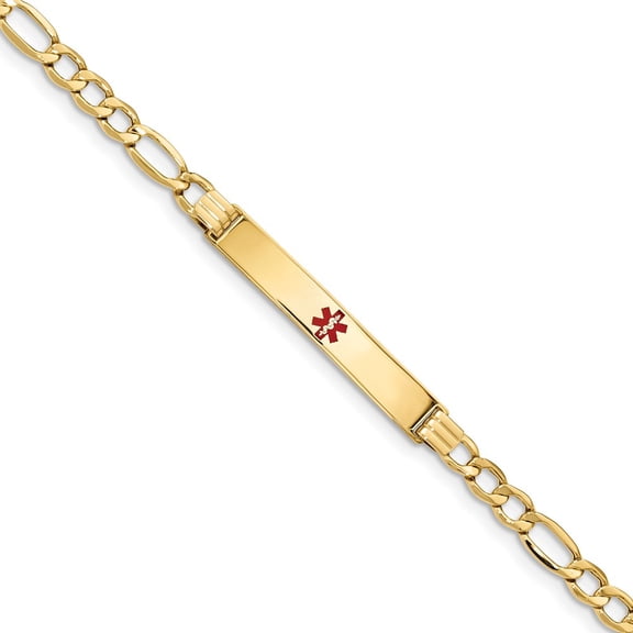 14K Yellow Gold bracelet Medical Figaro Alert Red 7 in 6.5 mm 5.5