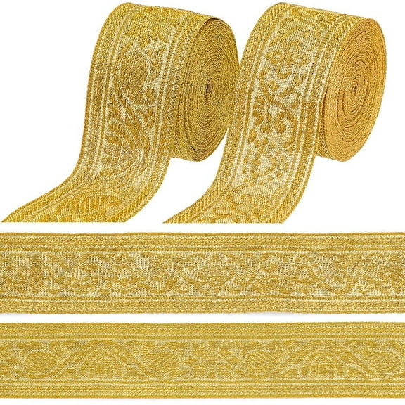 4 Bundles 2 Styles Gold Embroidered Ribbon Vintage Woven Jacquard Trim Tape Polyester Metallic Embroidery Fabric Applique Trimming for Sewing Making Crafts Clothes Dresses Home Decor DIY Gold