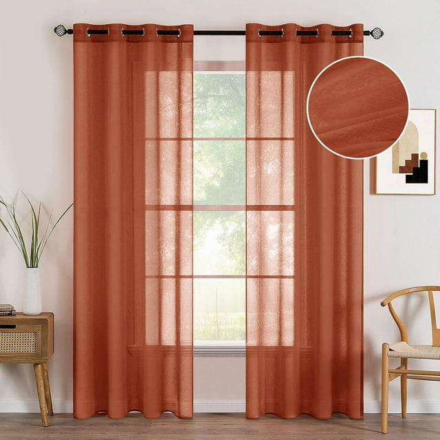 2 Panneaux Rideaux Semi-Transparents en Terre Cuite Œillets Boho Voilage/traitement Lin Texturé pour Chambre Salon Rouille Rétro Automne Moderne Décor (54X84 Pouces)