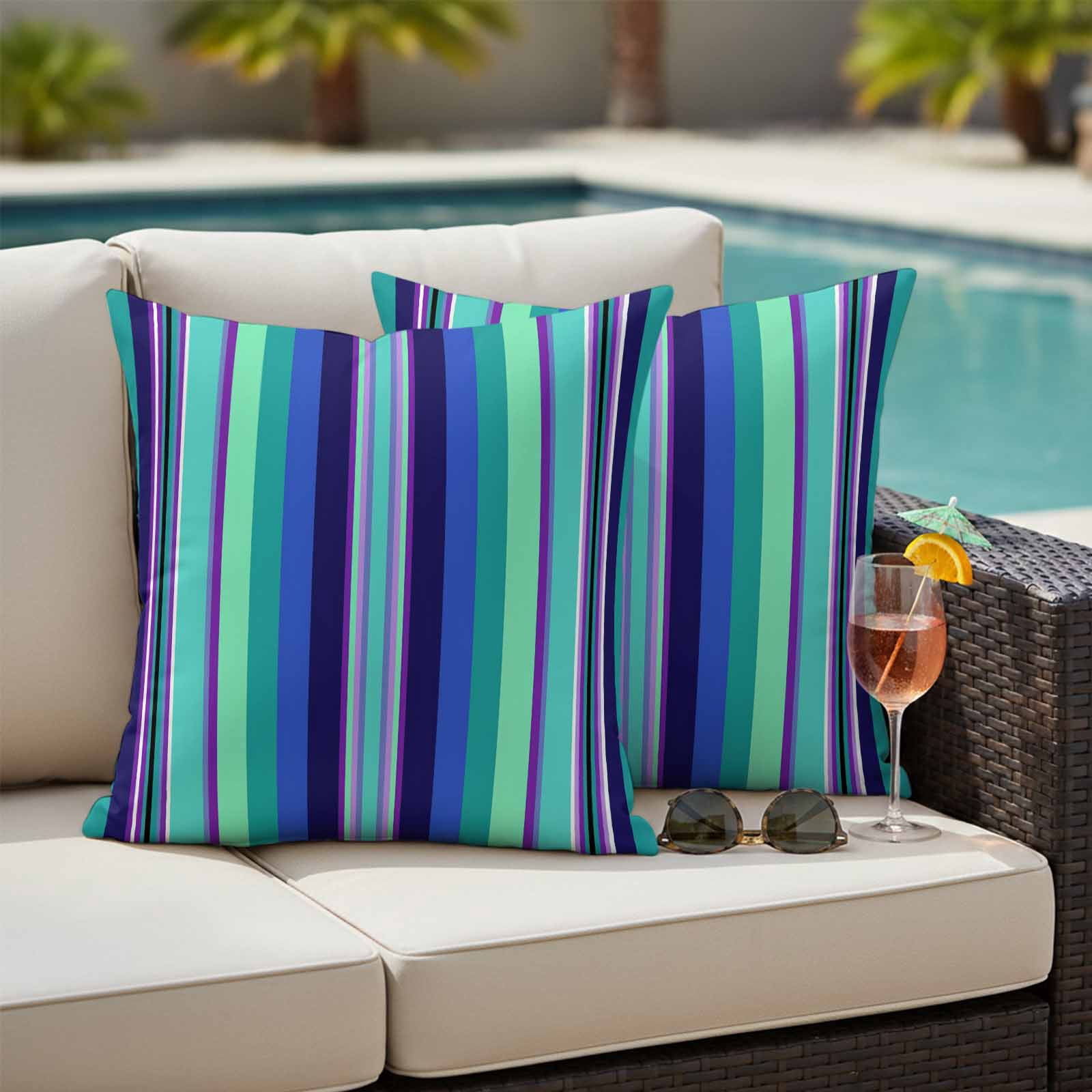 Mexican Style Outdoor Waterproof Throw Pillow Covers 24x24 Set of 2, Colorful Mexico Stripes Teal Blue Decorative Pillowcases Cushion Pillowcase for Couch Sofa Patio Outside Pillow Protector