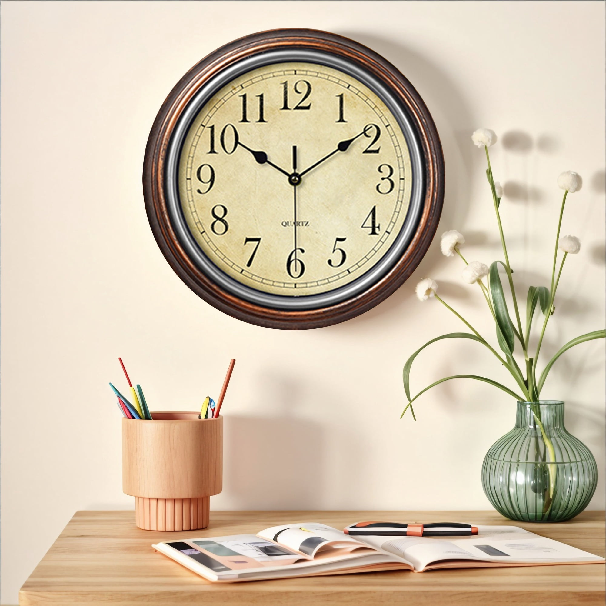 Unique Bargains Battery Operated Non Ticking Wall Clock Brown