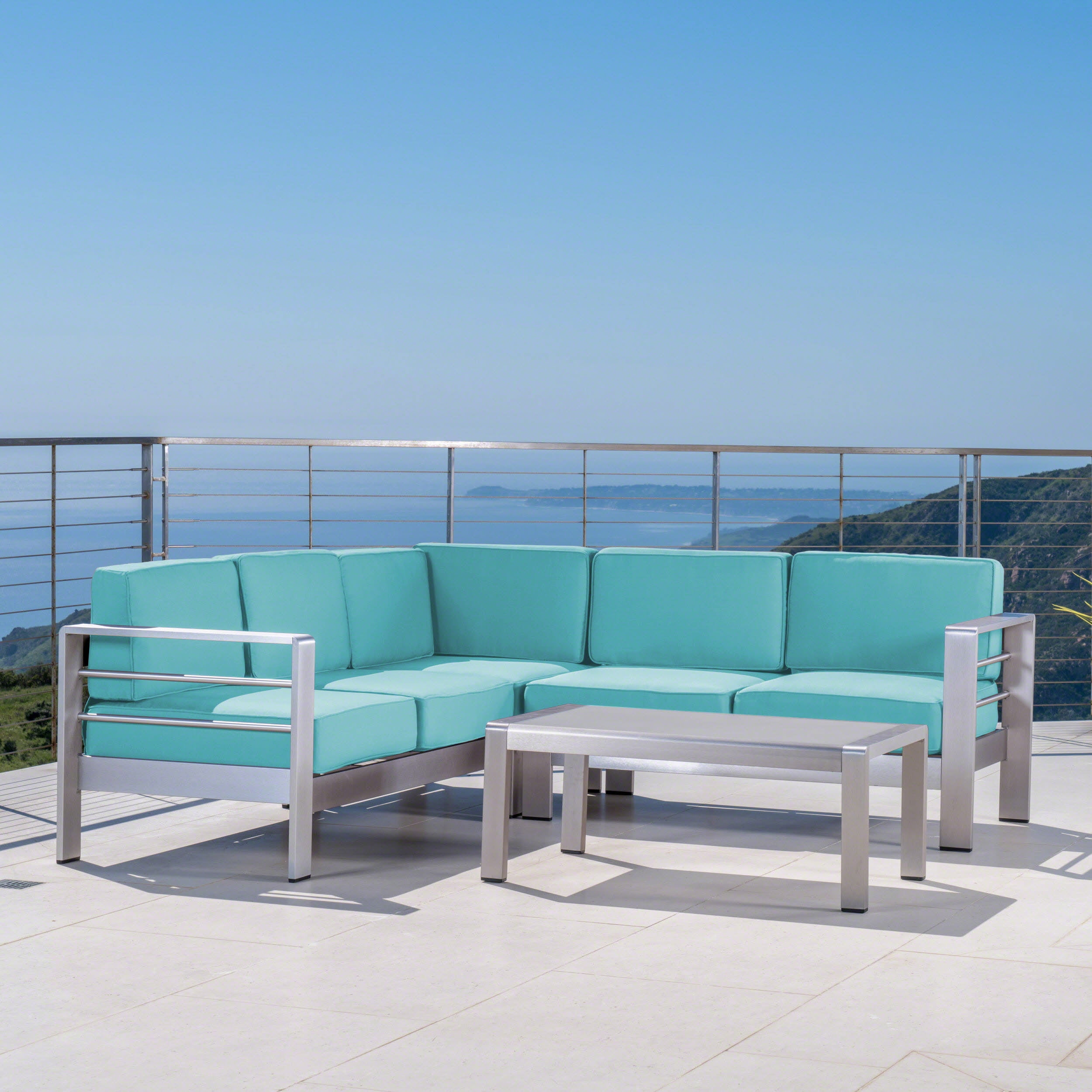 Oceanic Outdoor Aluminum 5 Seater Sectional Sofa Set, Silver,Canvas Aruba