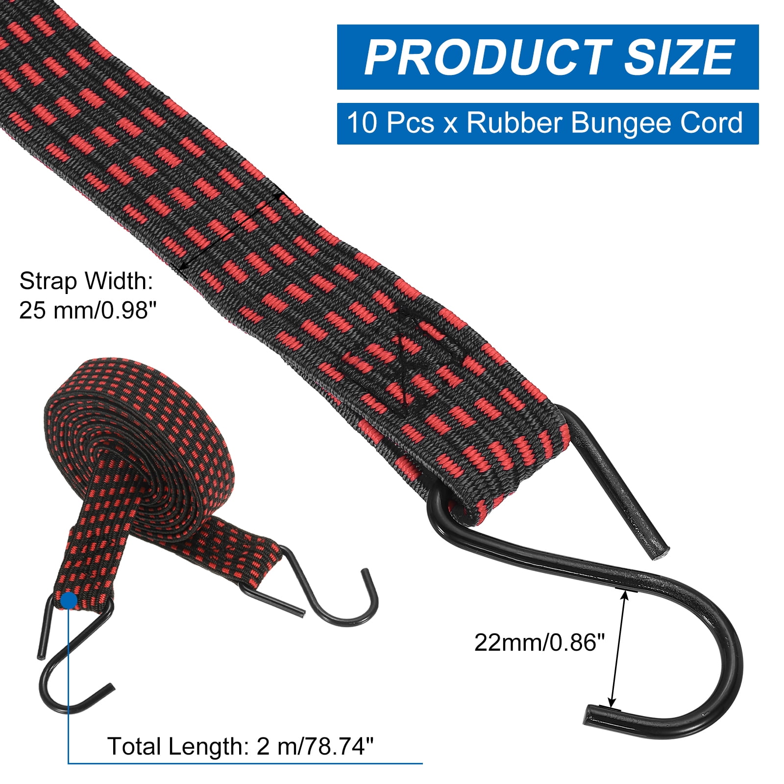 10Pack Bungee Cords, 78.74" Length Bungee Cords with Hooks 0.98" Width Adjustable Flat Elastic Rubber Bungee Straps for Luggage, Roof Racks, Tarpaulin, Moving Cargo, Camps, Tarps