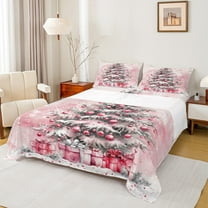 Manfei Happy Christmas Bed Sheets,Chic Xmas Tree King Sheets,Pink Happy New Year Gift Sheet Set For Boys Kids,Microfiber Bedroom Decor,4 Pieces