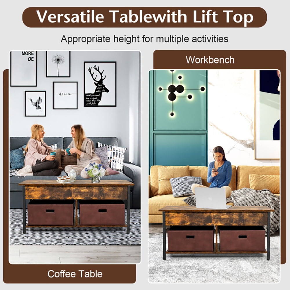 Finihen Rectangular Coffee Table, Lift Top Coffee Table, Central Table with Drawers and Hidden Compartment, for Living Room, Reception Room, Rustic Brown Finihen Rectangular Coffee Table, Lift Top Coffee Table, Central Table with Drawers and Hidden Compartment, for Living Room, Reception Room, Rustic Brown