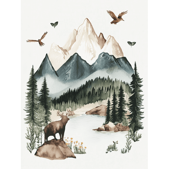 Mountain Lake Deer Watercolor Canvas Print, Suitable for Living Room, Bedroom, Bathroom, Office, and Dining Room Decoration.